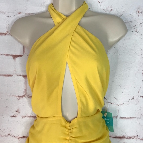 Forever 21 BELEARIC BEACH L Halter Ruched Fringe Trim Yellow Minidress Large - Picture 13 of 14